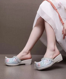 Light Green Wedge Cotton Fabric Embroidery Nail Bead Splicing Slide Sandals Ada Fashion