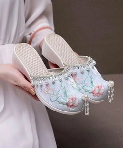 Light Green Wedge Cotton Fabric Embroidery Nail Bead Splicing Slide Sandals Ada Fashion