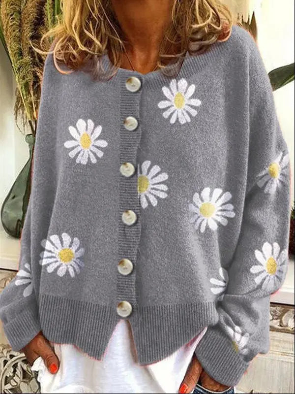 Long Sleeve Cotton-Blend Shift Floral Sweater adawholesale