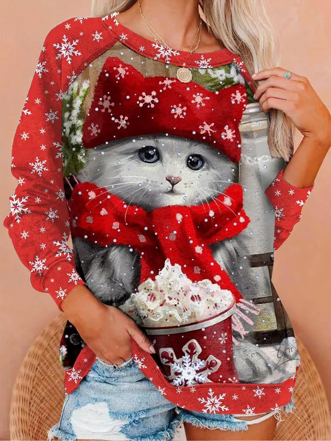 Long Sleeve Crew Neck Christmas cat print Sweatshirt adawholesale