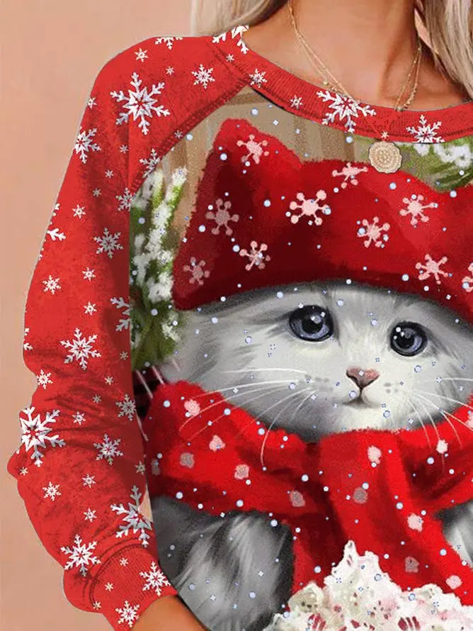 Long Sleeve Crew Neck Christmas cat print Sweatshirt adawholesale