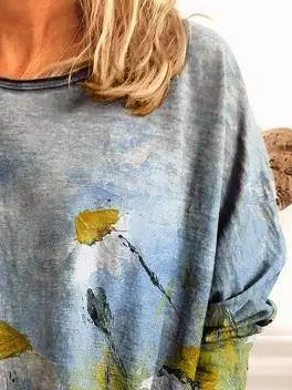 Long Sleeve Crew Neck Oil painting flowers Shirt & Top adawholesale