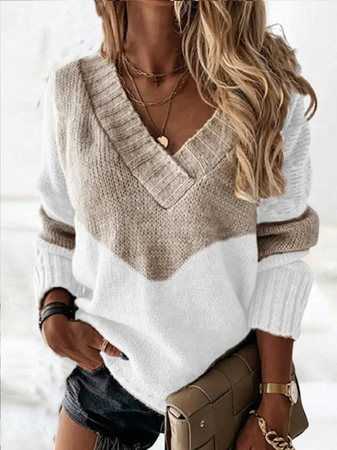 Long Sleeve V Neck Casual Cotton-Blend Sweater adawholesale