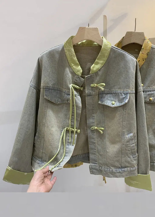 Loose Green Chinese Button Patchwork Denim Coats Long Sleeve Ada Fashion
