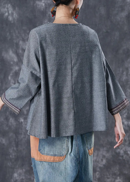 Loose Grey V Neck Patchwork Cotton Blouses Fall Ada Fashion