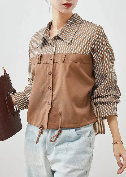 Loose Khaki Striped Patchwork Drawstring Cotton Shirts Spring Ada Fashion