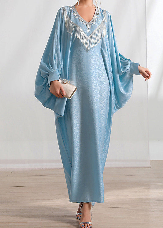 Loose Light Blue Tasseled Zircon Silk Long Dresses Batwing Sleeve AA1056