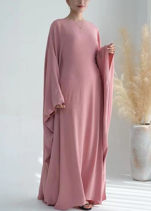 Loose Pink O Neck Solid Ice Silk Maxi Dresses Batwing Sleeve AA1051