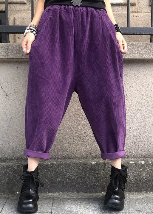 Loose Purple Pockets Elastic Waist Corduroy Crop Pants Fall Ada Fashion