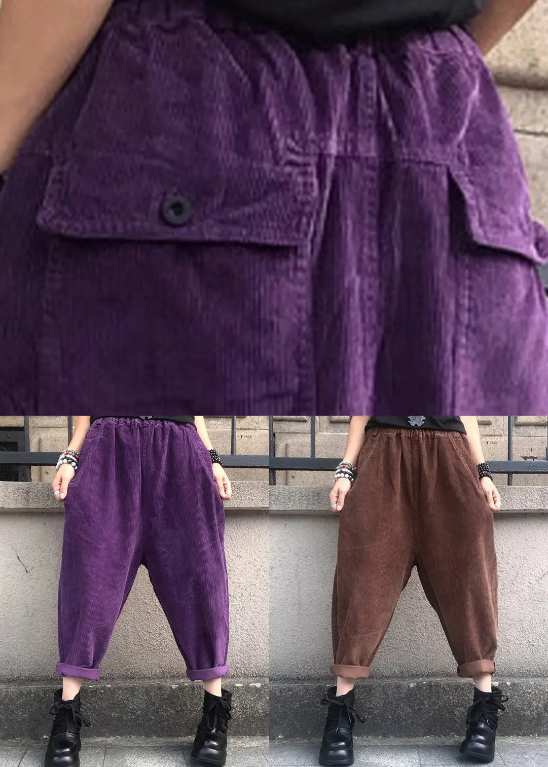 Loose Purple Pockets Elastic Waist Corduroy Crop Pants Fall Ada Fashion