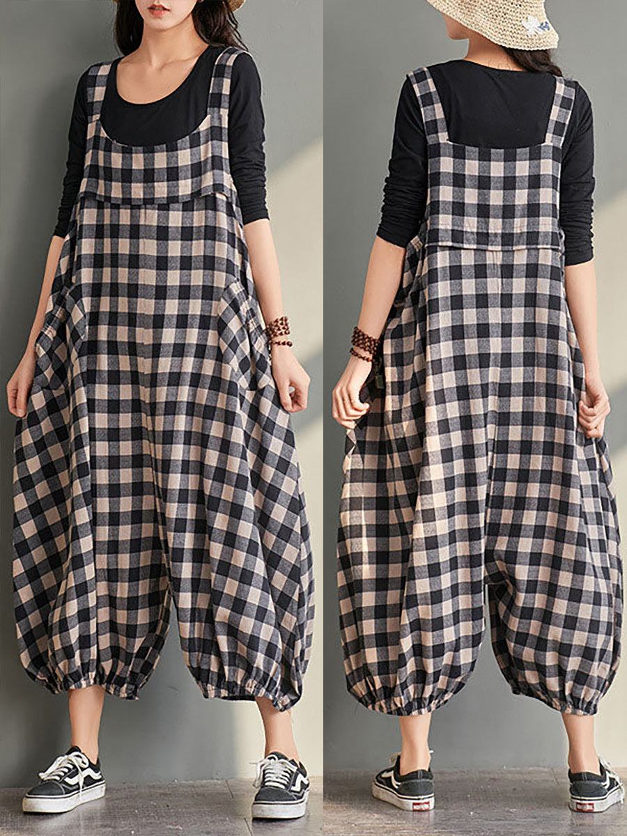 Plus Size Women Loose Casual Checkered Bib Overalls AA1024