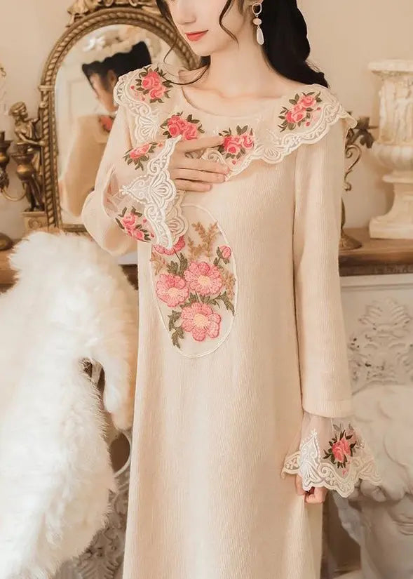 Modern Apricot Embroidered Floral Patchwork Tulle Knit Long Sweater Spring Ada Fashion