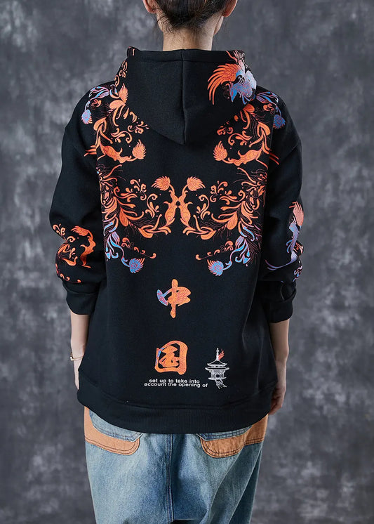 Modern Black Hooded Chinese Print Warm Fleece Loose Sweatshirts Top Winter Ada Fashion
