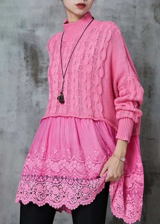 Modern Pink Oversized Patchwork Knit Long Sweater Spring Ada Fashion