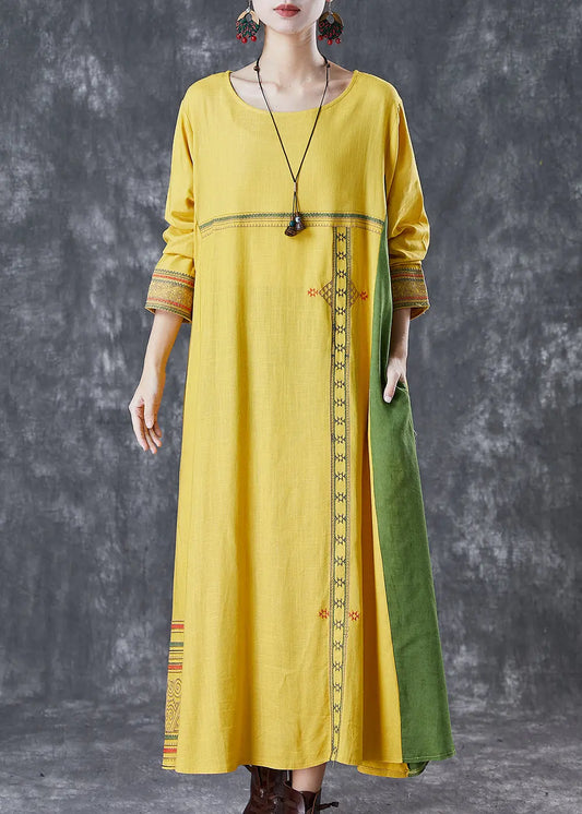 Modern Yellow Embroidered Patchwork Linen Maxi Dresses Spring Ada Fashion