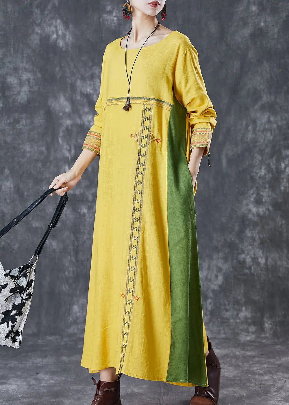 Modern Yellow Embroidered Patchwork Linen Maxi Dresses Spring Ada Fashion