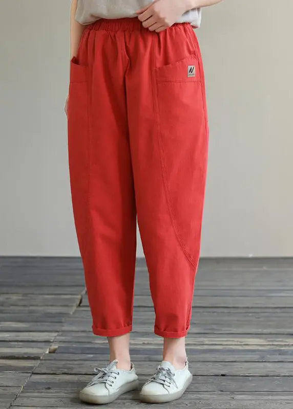 Natural Red Pockets Elastic Waist Cotton Crop Pants Fall Ada Fashion