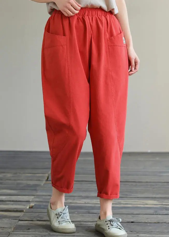Natural Red Pockets Elastic Waist Cotton Crop Pants Fall Ada Fashion