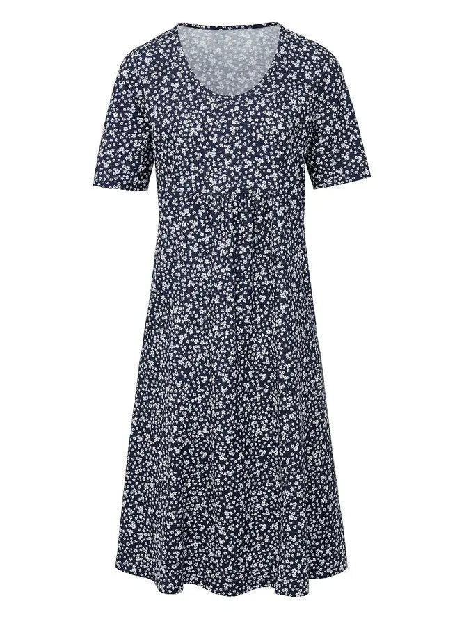 Navy Blue Short Sleeve Shift Floral-Print Causal Dresses AD373 adawholesale