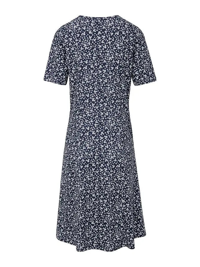 Navy Blue Short Sleeve Shift Floral-Print Causal Dresses AD373 adawholesale