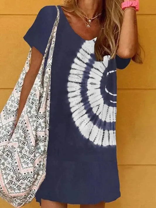 Navy Blue Tie-dye Holiday Daily Printed V neck A-Line Casual Short Sleeve Dresses adawholesale