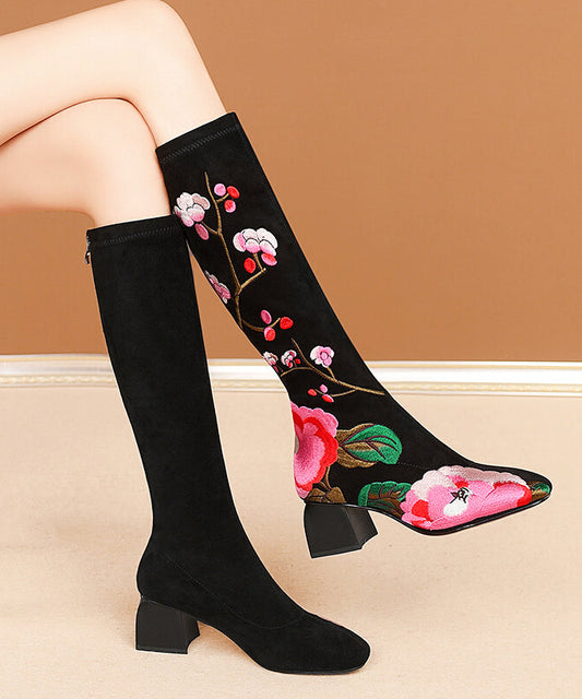 New Black Embroidered Suede Chunky Knee Boots RT1064
