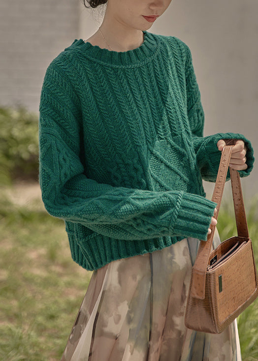 Peacock Green O Neck Cable Knit Sweaters