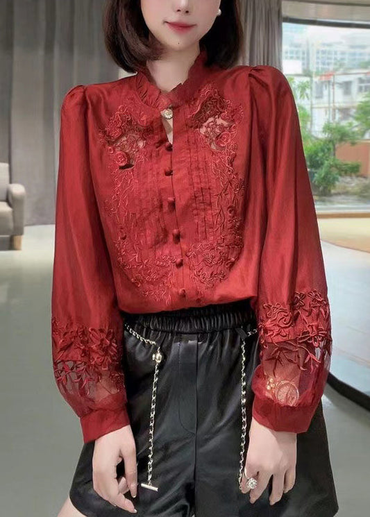 New Red Embroidered Ruffled Button Cotton Shirt Long Sleeve Ada Fashion
