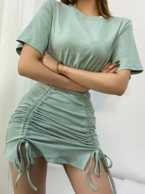 New Solid Ruched Two Piece Skirt Sets adawholesale
