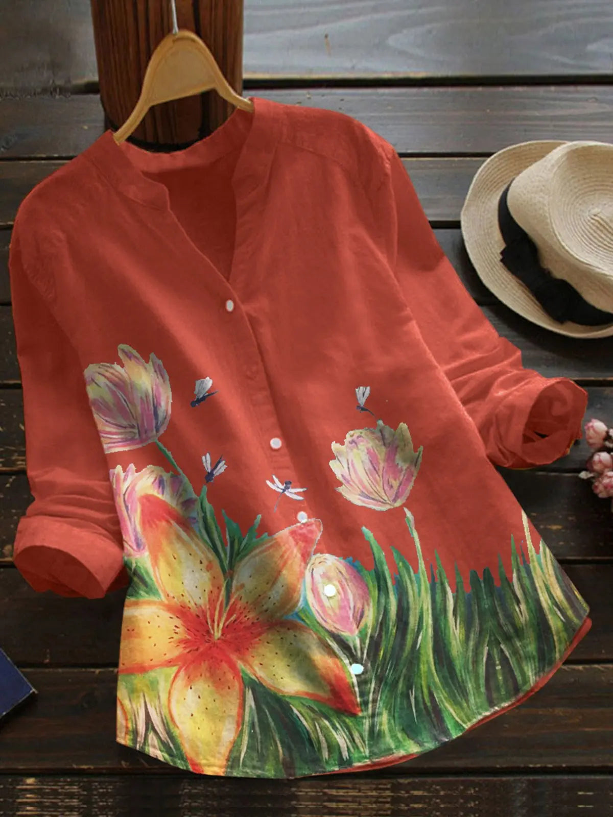 Orange Cotton-Blend Boho Floral Shirts & Tops mysite