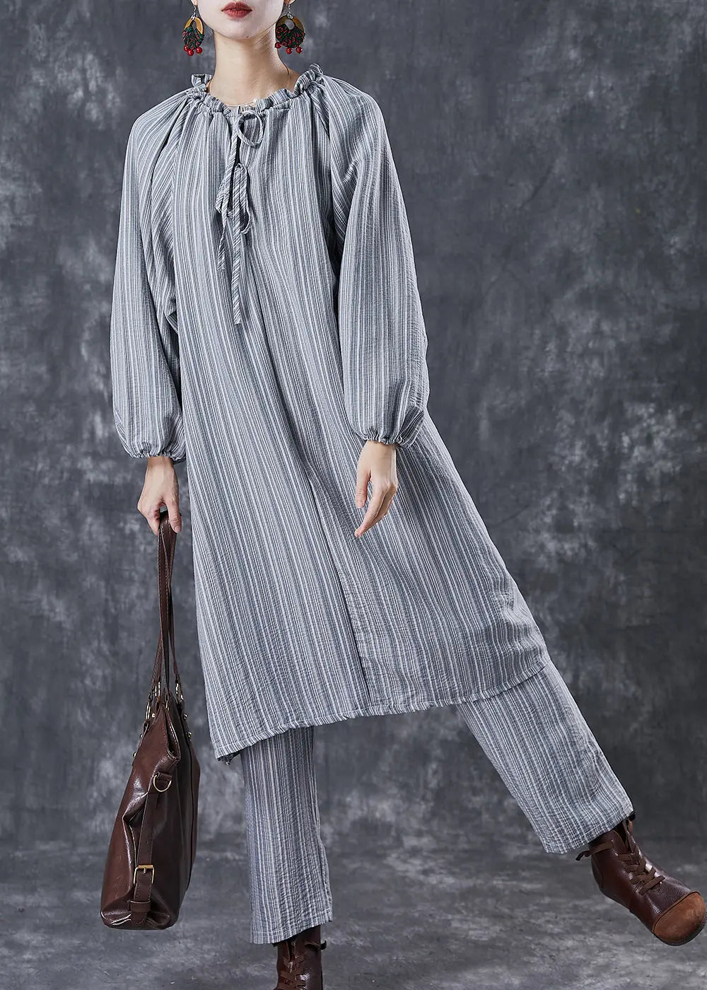 Organic Grey Ruffled Striped Cotton Dress Two Piece Suit Set Fall Ada Fashion