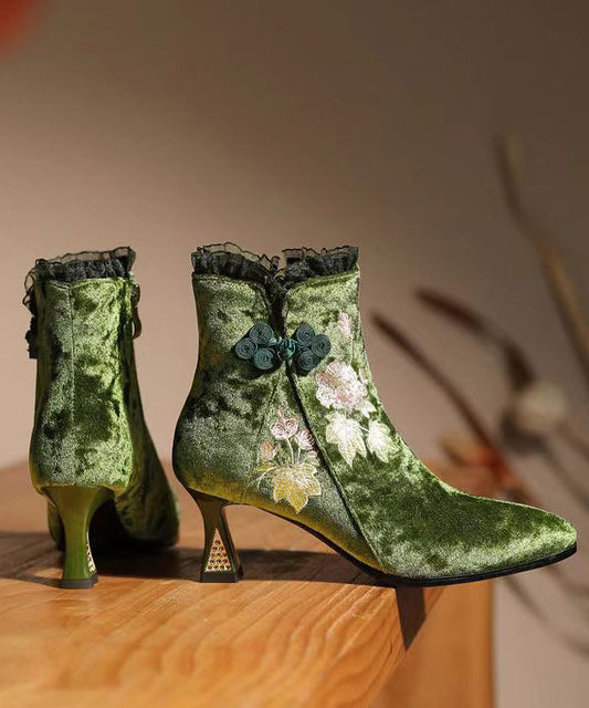 Original Ethnic Style Green Embroidered High Heeled Short Boots CZ1025