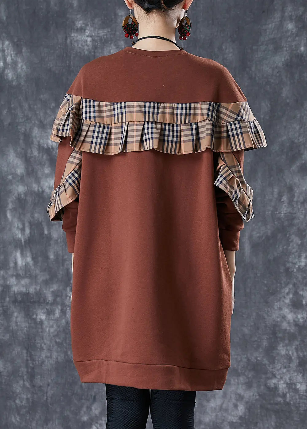 Plus Size Brown Ruffled Patchwork Cotton Sweatshirts Dress Fall Ada Fashion