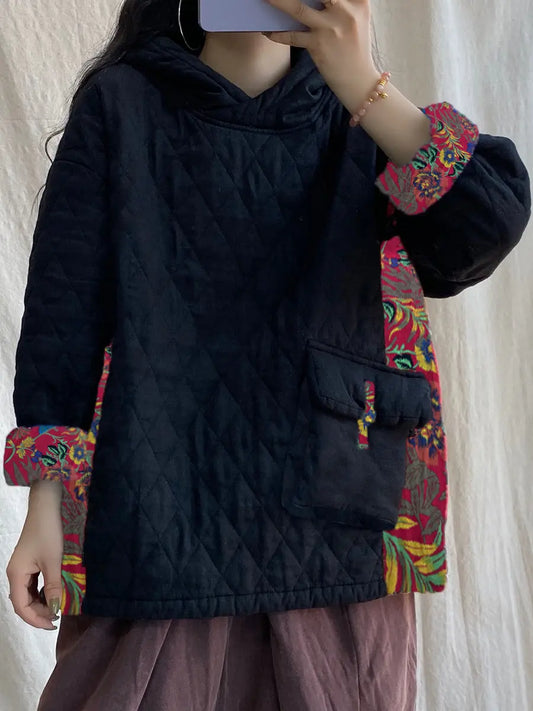 Plus Size Women Winter Patch Spliced Pocket Thicken Hooded Ada Fashion