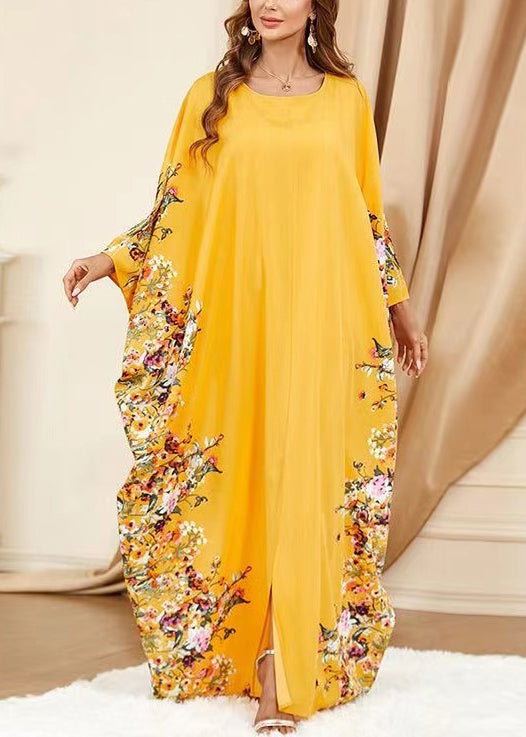 Plus Size Yellow O Neck Print Front Open Cotton Dress Spring AA1057