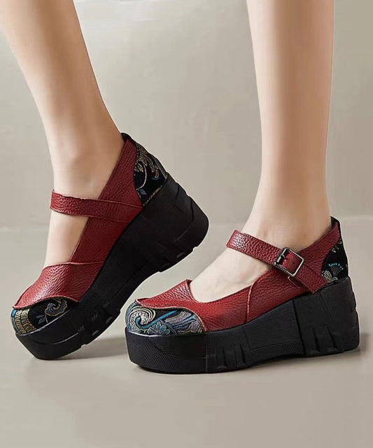 Red High Wedge Heels Shoes Women Splicing Buckle Strap CZ1016