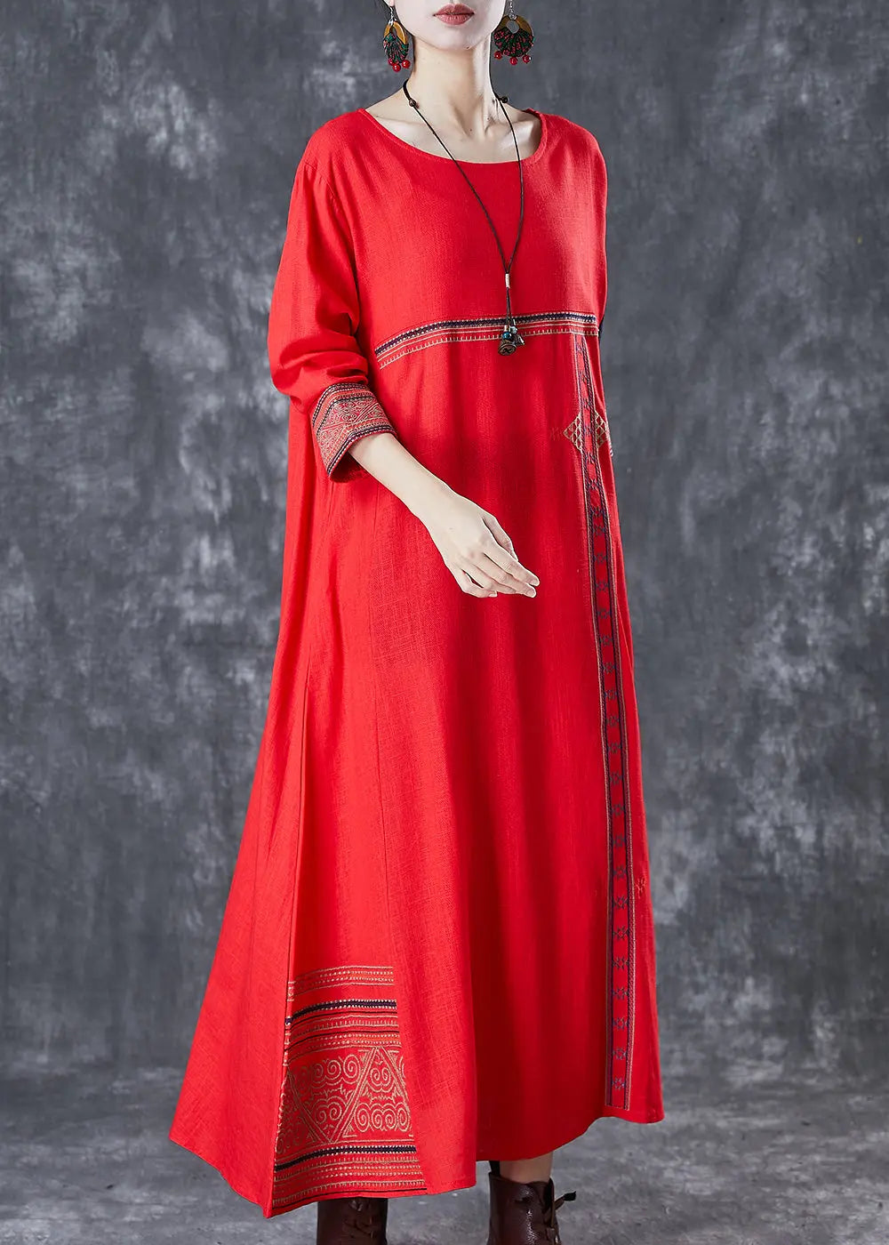 Red Patchwork Linen Maxi Dresses Embroidered Spring Ada Fashion