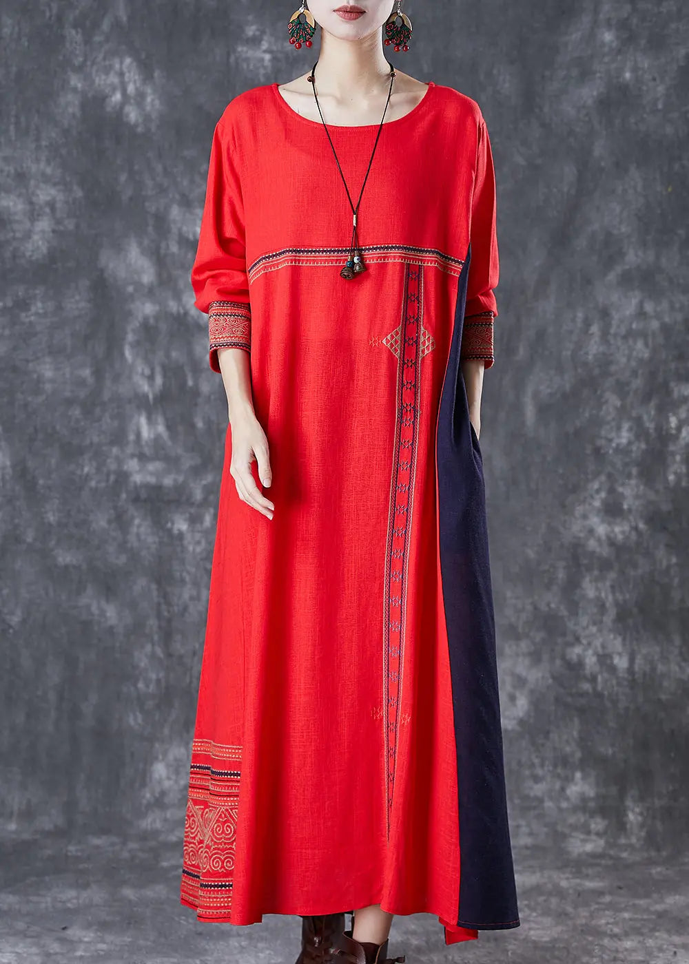 Red Patchwork Linen Maxi Dresses Embroidered Spring Ada Fashion