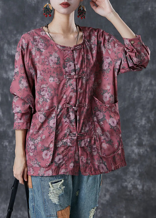 Red Print Cotton Shirt Tops Oversized Chinese Button Fall Ada Fashion