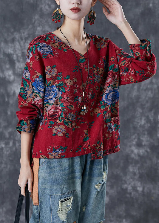 Red Print Linen Blouse Top Asymmetrical Design Fall Ada Fashion