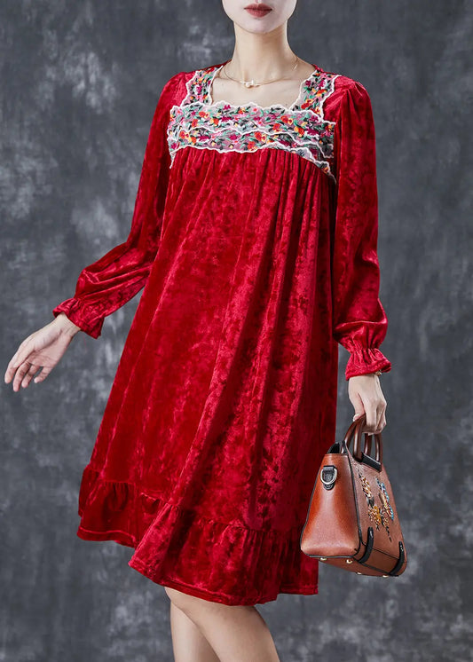 Red Silk Velour Holiday Dress Square Collar Embroidered Fall Ada Fashion
