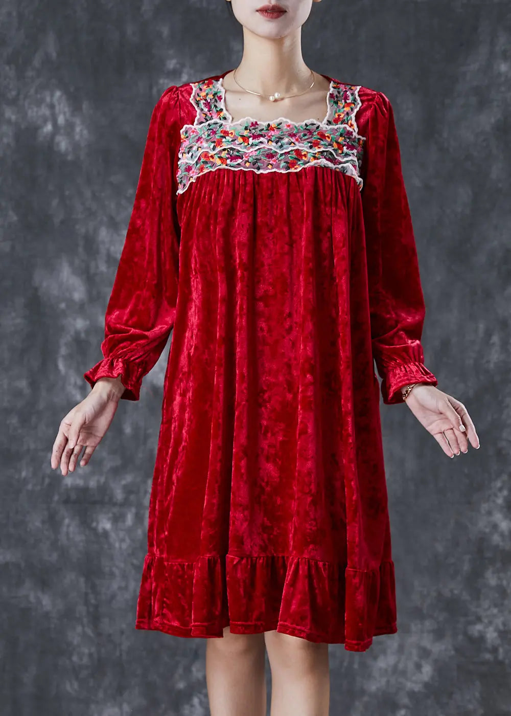Red Silk Velour Holiday Dress Square Collar Embroidered Fall Ada Fashion