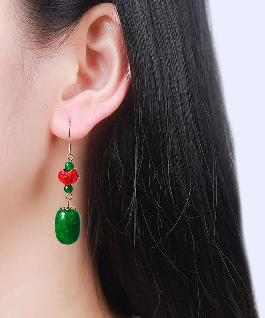 Regular Green Sterling Silver Jade Cinnabar Drop Earrings Ada Fashion