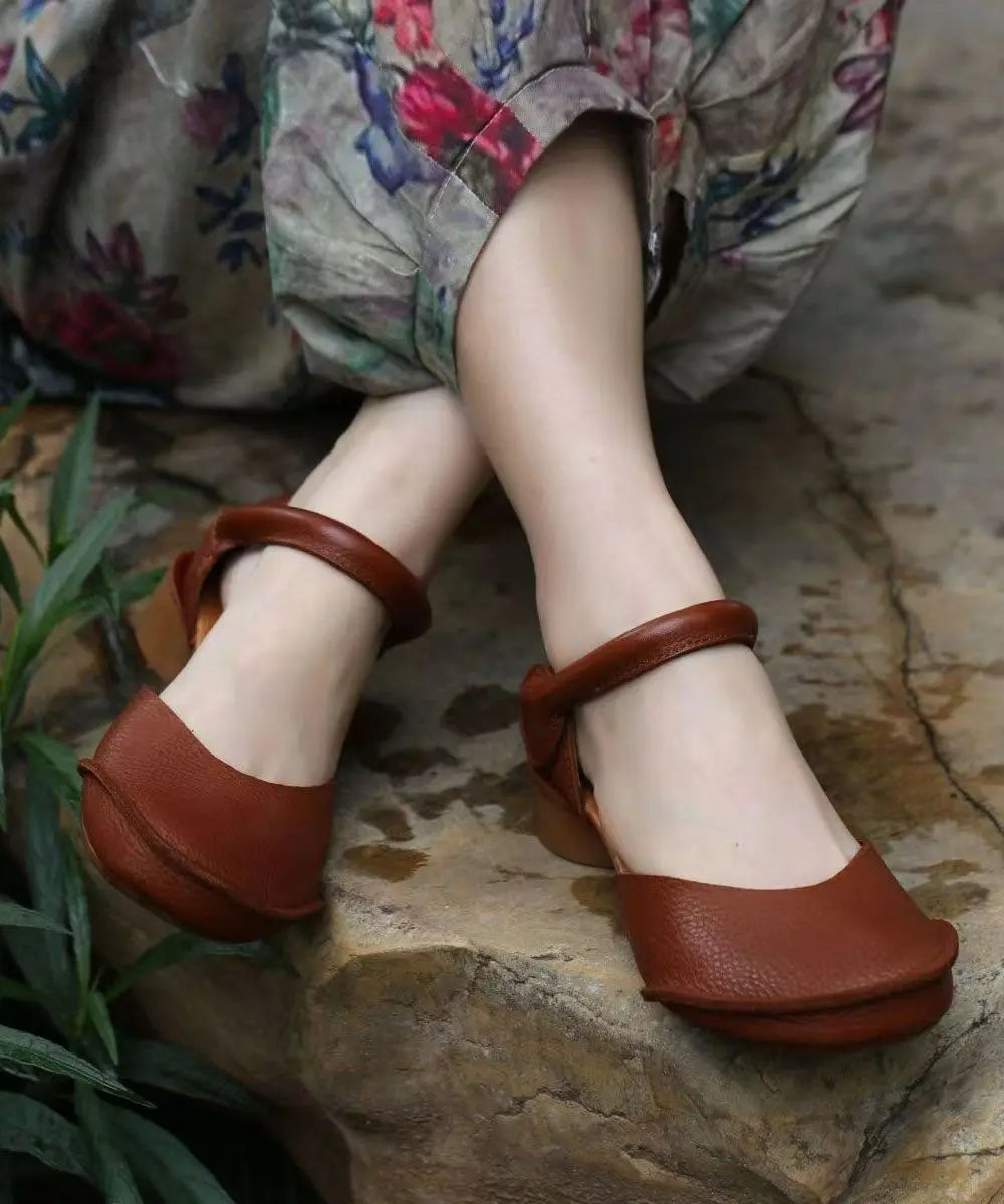 Retro Brown Buckle Strap Splicing Cowhide Leather Chunky Sandals Ada Fashion