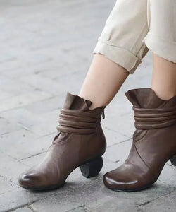 Retro Coffee Sheepskin Zippered Splicing Chunky Boots Ada Fashion