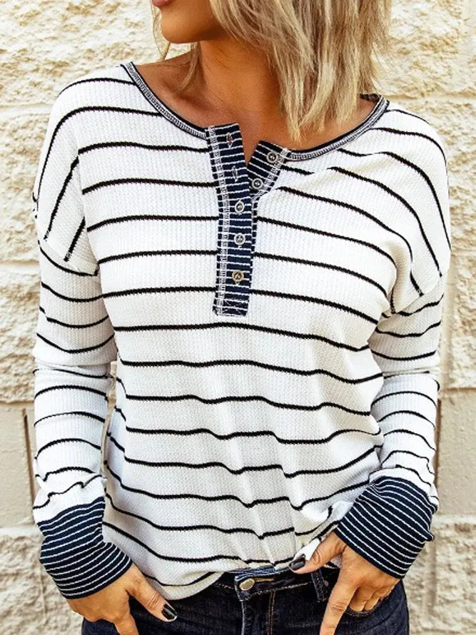 Round Neck Stripes Cotton-Blend Casual Sweatshirt adawholesale