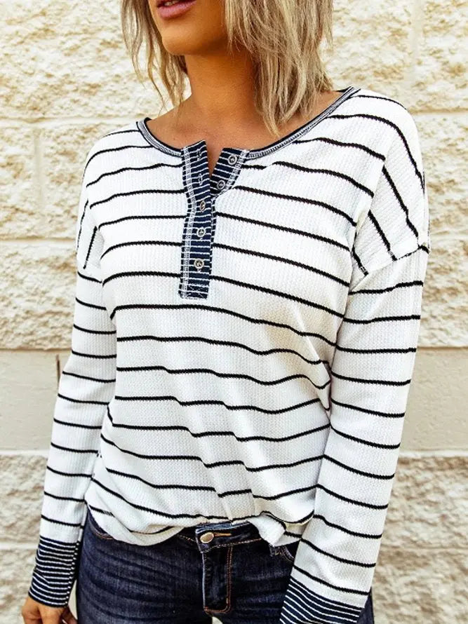 Round Neck Stripes Cotton-Blend Casual Sweatshirt adawholesale