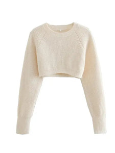 Sexy Cropped Solid Crew Neck Pullover Sweater adawholesale