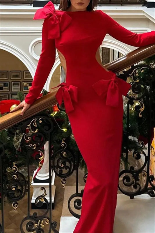 Sexy Solid Hollowed Out Slit With Bow O Neck Long Dress Dresses FS1586 Furdela
