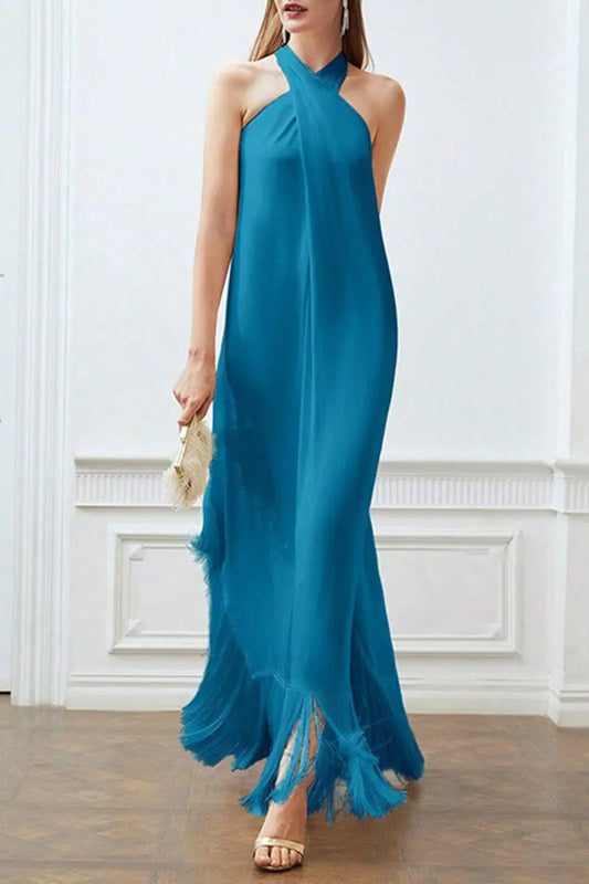 Sexy Solid Tassel Halter Sleeveless Dress Dresses FS1576
